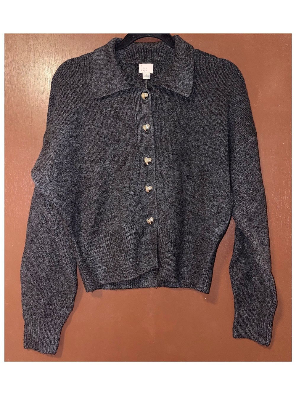 A New Day Long Sleeve Heart Button Cardigan Sweater (Charcoal Heather - Medium) - Picture 5 of 11